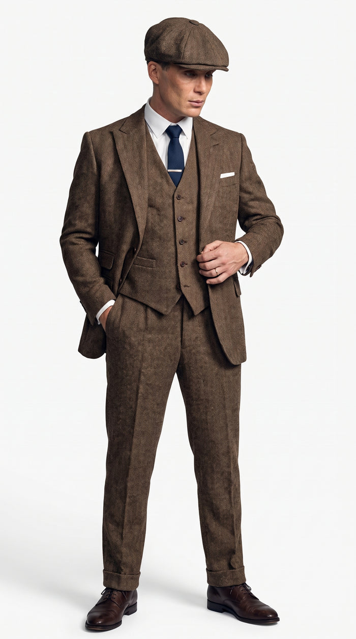 Men's Thomas Shelby Brown Tweed Herringbone 3-Piece Suit – Peaky Blinders 1920s Vintage-Style Suit with Matching Vest & Trousers