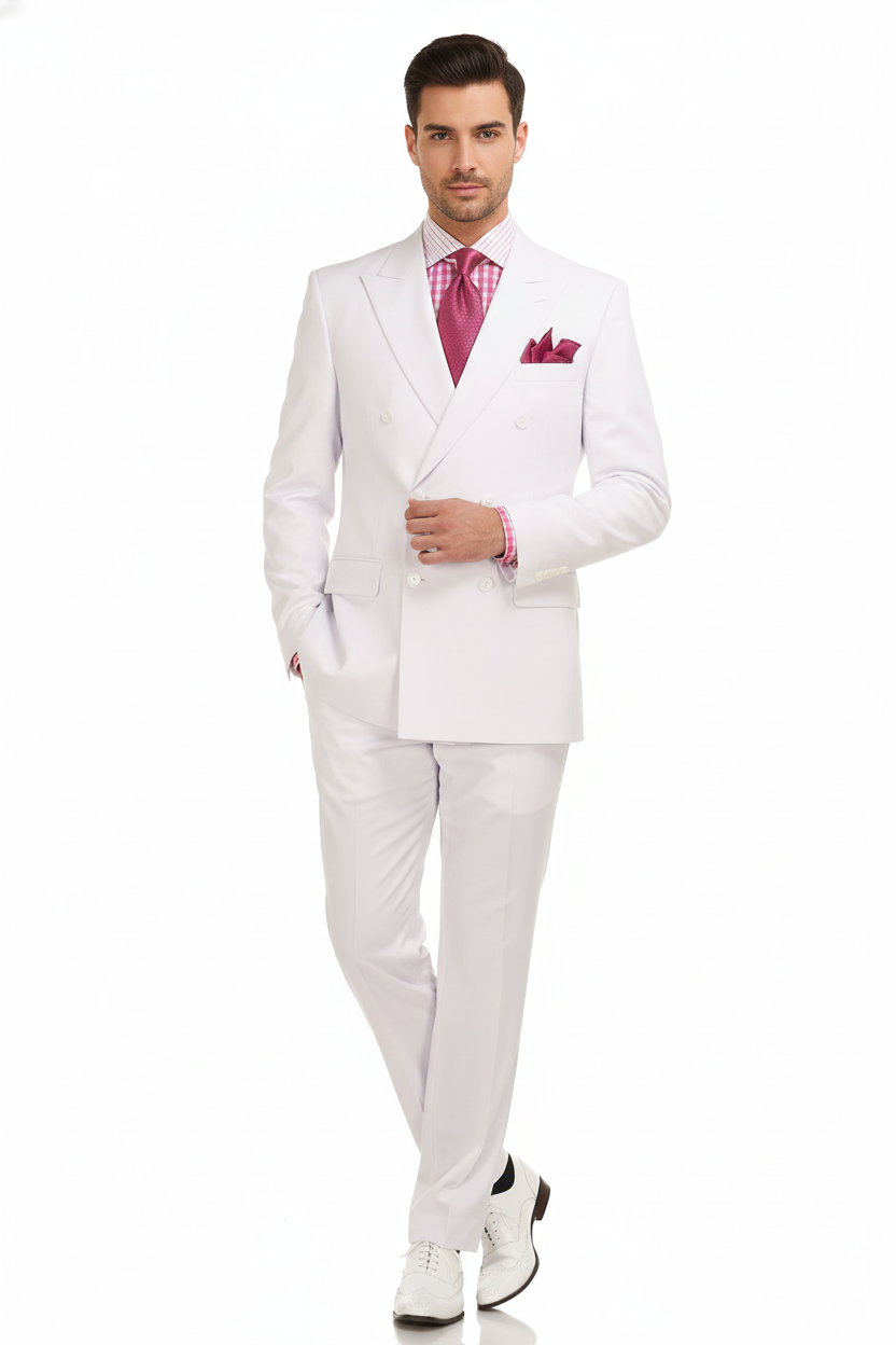 Men’s White Double-Breasted 3-Piece Suit Set – Premium Tailored Fit Formal Wedding and Evening Suit - 34 Short or Extra Small