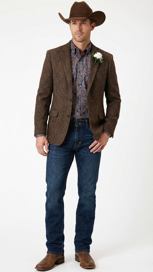 Mens Brown Western Tweed Herringbone Blazer Jacket  Classic Cowboy Style Sport Coat for Wedding Party