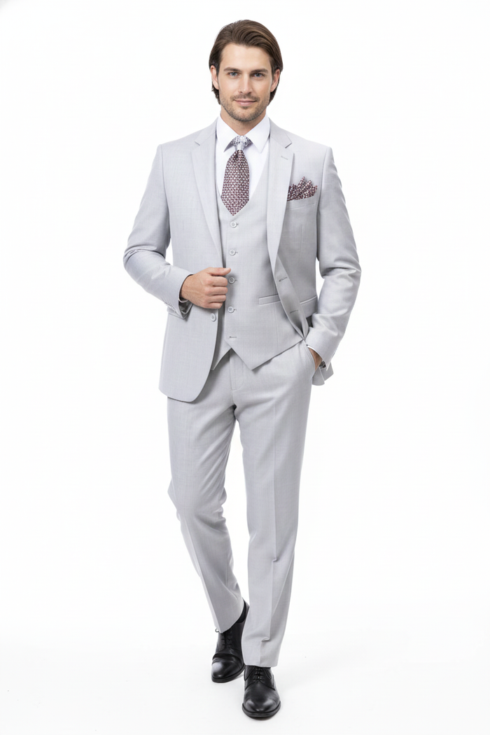 Mens Very Light Gray Three-Piece  Wedding Suit 2 Buttons Modern or Slim Fit  Ash Bone Color Steel Grey