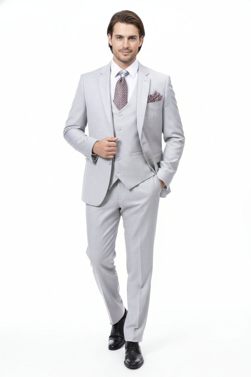 Men’s Very Light Gray Three-Piece  Wedding Suit 2 Buttons Modern or Slim Fit  Ash Bone Color Steel Grey - 34 Short or Extra Small