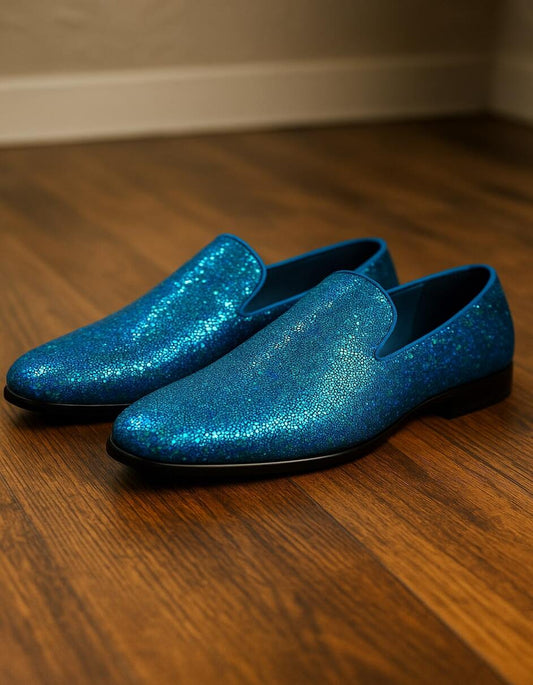 Men's Turquoise Blue Sequin Glitter Loafers – Sparkling Slip-On Party Dress Shoes for Prom, Weddings, and Nightlife