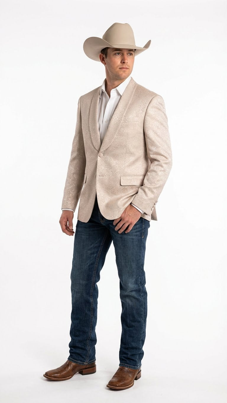 Men’s Tan Khaki Beige Cream Champaign Paisley Western Blazer Jacket, Embossed Dress Sport Coat for Wedding Party Rodeo Style - 36 Short