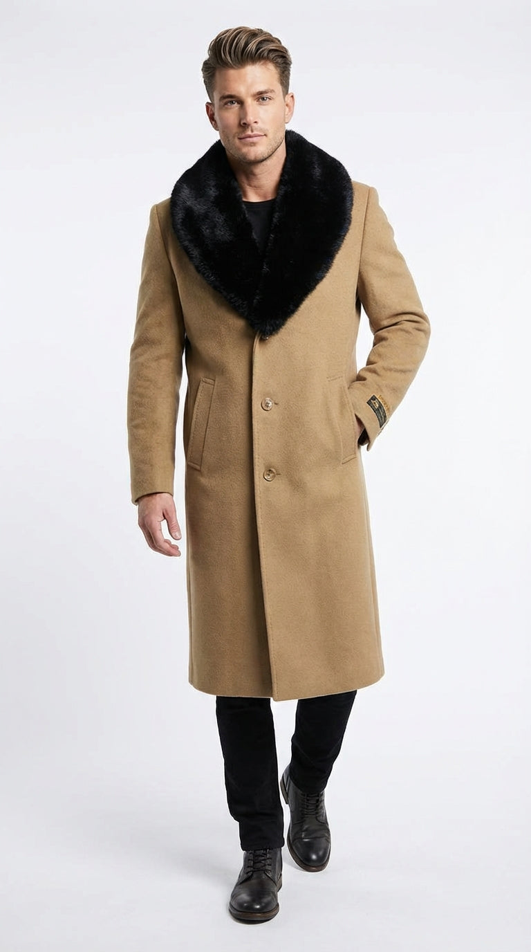 Mens Camel Tan Long Overcoat with Black Faux Fur Collar - Wool Topcoat Three if not Full length