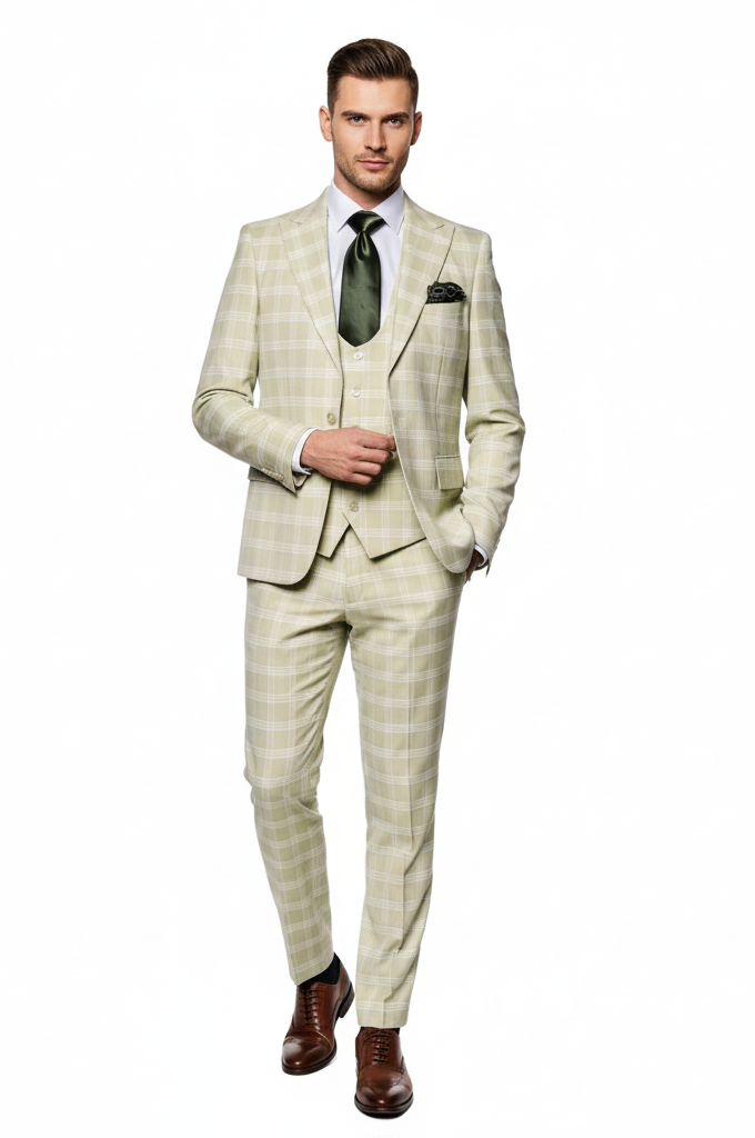 Mens Light Beige Check 3-Piece Suit Set  Premium Tailored Fit Formal Wedding and Spring Event Suit Light Tan Sand Color By Rossiman