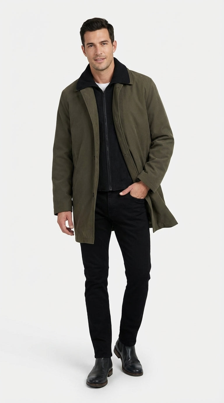 Mens Olive Brown Trench Coat Raincoat – Classic Water Resistant Long Coat with Zip and Button Closure for Business, Travel and Everyday Outerwear - Coat Size 38