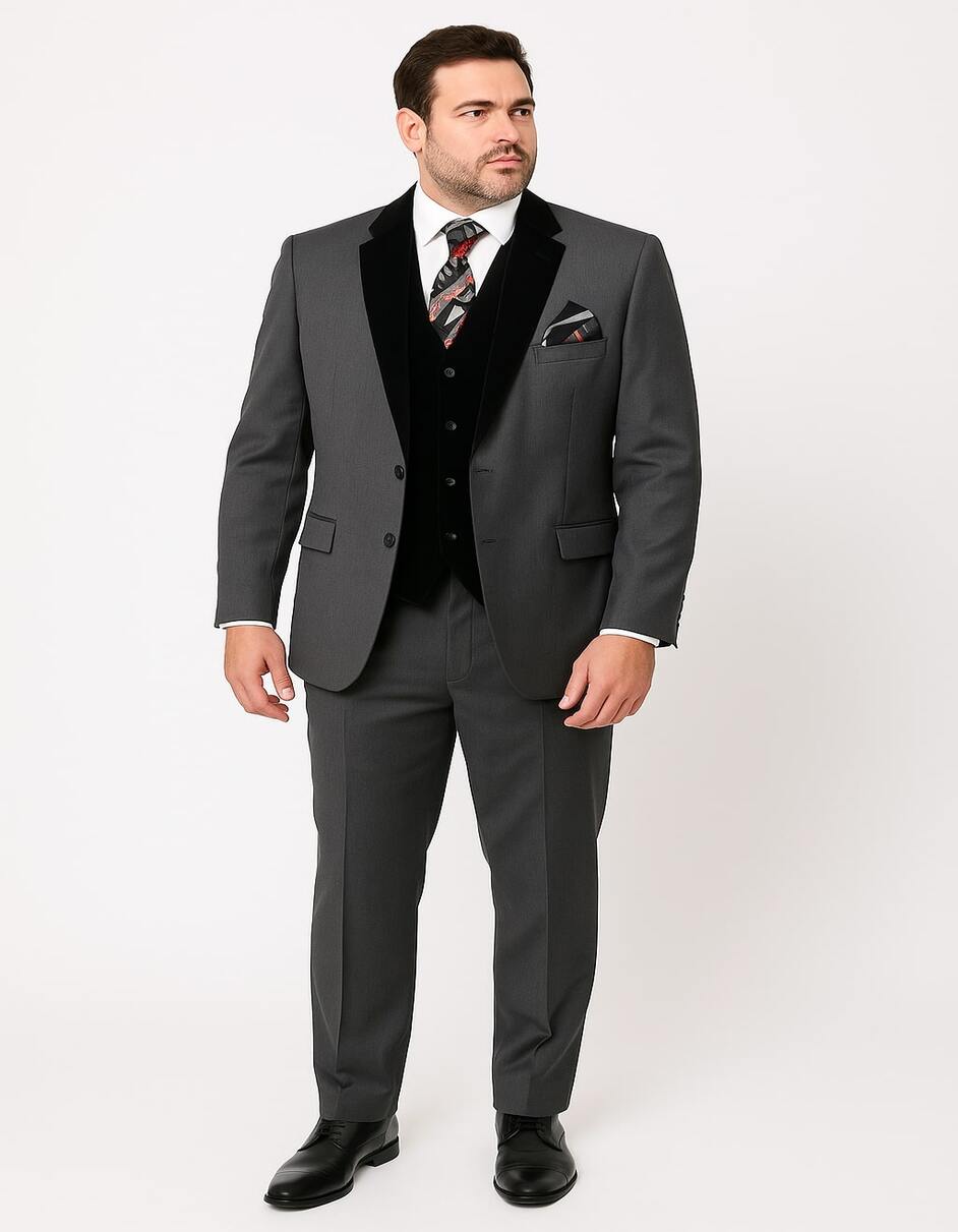 Men's Charcoal Gray 3-Piece Suit with Black Velvet Lapel â€“ Formal Business and Wedding Attire - Gray Tuxedo - 34 Short or Extra Small