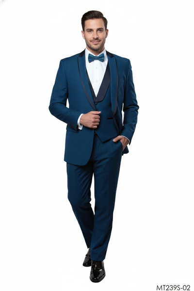Mens Teal Blue Tuxedo 3-Piece Formal Suit with Satin Shawl Lapel, Vest, and Pants in Saphire Cobalt Blue Color