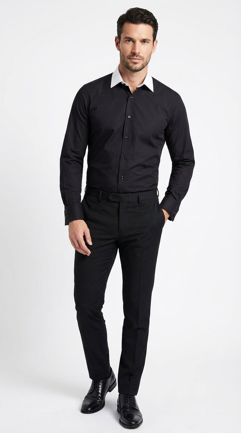 Mens Black Dress Shirt with White Contrast Collar | French Cuff Cotton Poplin Formal Button-Up Shirt