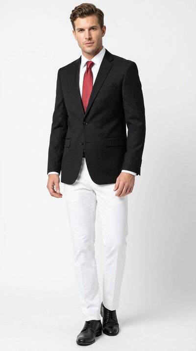 Mens Solid Black Two Button Suit Jacket Blazer With White Pants | Black Blazer Sport Coat