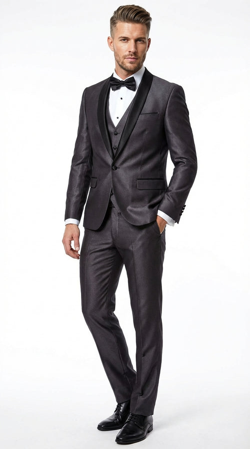 Mes Shiny Sateen Charcoal Gray Tuxedo 3 Piece Suit with Black Shawl Lapel | Formal Wedding Prom Suit Sharkskin