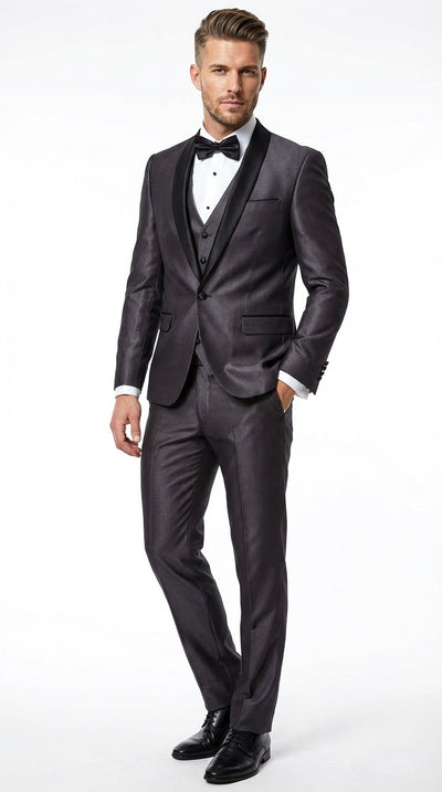 Mes Shiny Sateen Charcoal Gray Tuxedo 3 Piece Suit with Black Shawl Lapel | Formal Wedding Prom Suit Sharkskin