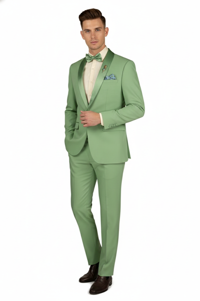 Mens Mint Green Tuxedo 2-Piece Formal Suit with Satin Shawl Lapel and Matching Bow Tie in  Sage Green