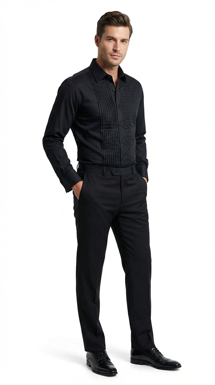 Mens Black Pleated Tuxedo Dress Shirt | Formal Laydown Collar Button-Up Shirt for Weddings & Black Tie By Tiglio