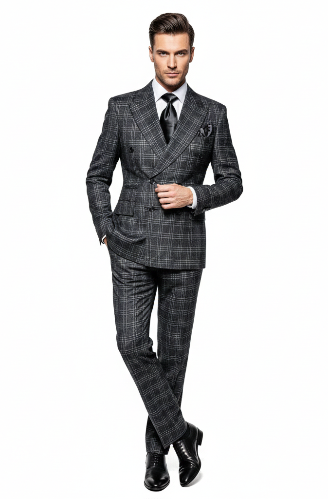 Men’s Charcoal Plaid Double-Breasted Suit –  Tailored Pants Windowpane Pattern By Rossiman - 34 Short or Extra Small