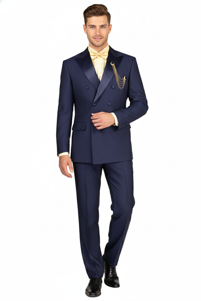 Mens Navy Blue Double-Breasted Tuxedo with navy Satin Peak Lapel Wedding Suit