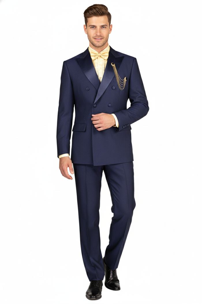 Mens Navy Blue Double-Breasted Tuxedo with navy Satin Peak Lapel Wedding Suit