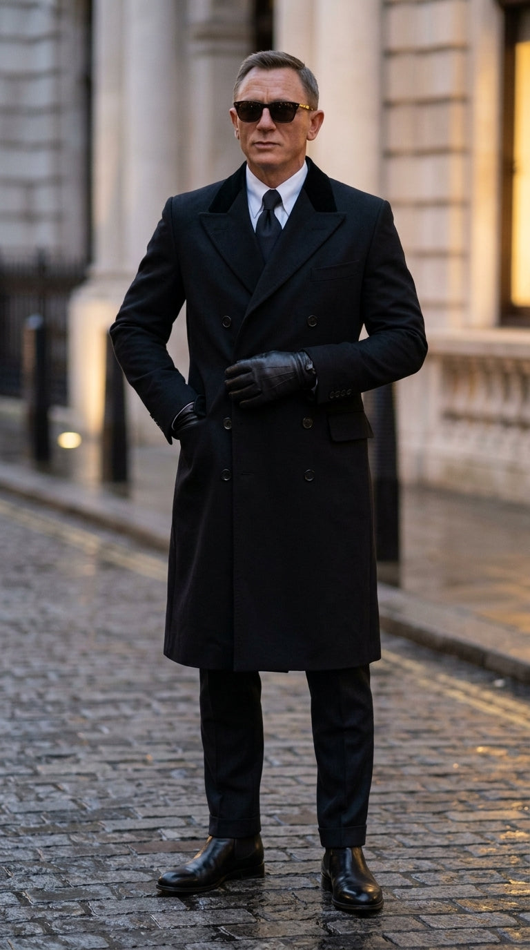 Men’s Black Double Breasted Overcoat, James Bond Inspired Long Formal Coat for Weddings, Business Events, Parties, and Winter Occasions - Coat Size 38