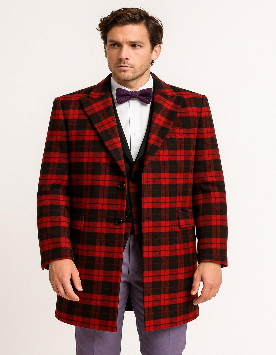 Mens Red and Black Plaid Wool Overcoat - Tartan Texture Fabric Christmas Carcoat - Coat Size 38