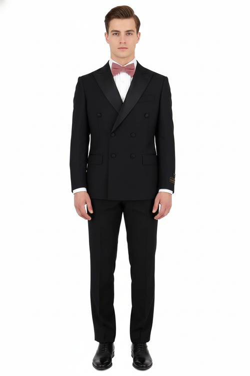 Tiglio Brand 100% Wool Super 150s Italian fabric Mens Classic Black Double-Breasted Tuxedo with Satin Peak Lapel Formal Wedding & Gala Suit Set