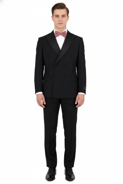 Tiglio Brand 100% Wool Super 150s Italian fabric Mens Classic Black Double-Breasted Tuxedo with Satin Peak Lapel Formal Wedding & Gala Suit Set