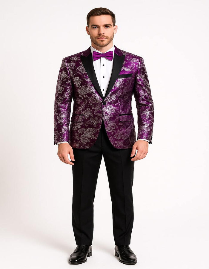 Men's Pinkish ~ Purple Paisley Tuxedo Jacket with Black Satin Lapel Formal Prom and Wedding Blazer in Meganta Color