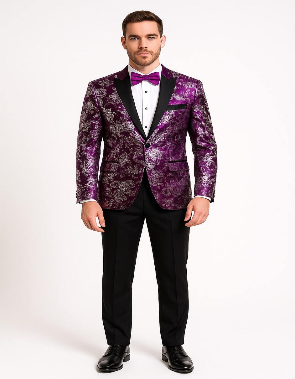 Men's Pinkish ~ Purple Paisley Tuxedo Jacket with Black Satin Lapel – Formal Prom and Wedding Blazer in Meganta Color - 34 Short or Extra Small