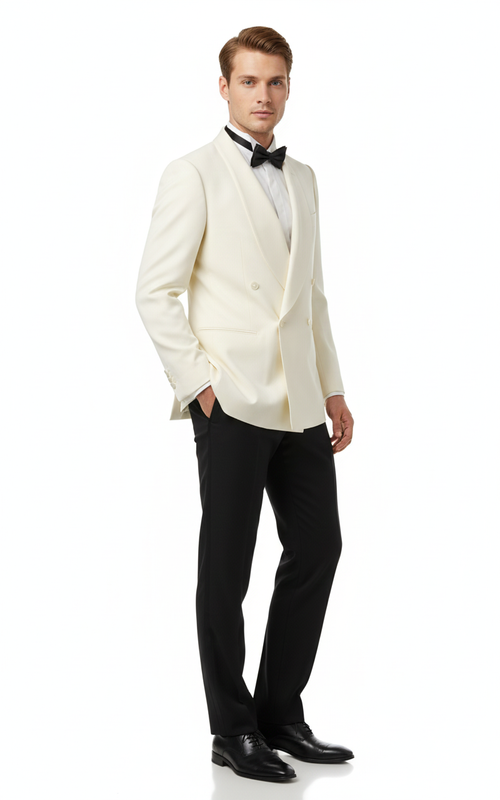 Mens Ivory Double-Breasted Shawl Lapel Tuxedo Jacket | Premium Formal Dinner Jacket for Weddings and Black-Tie Events