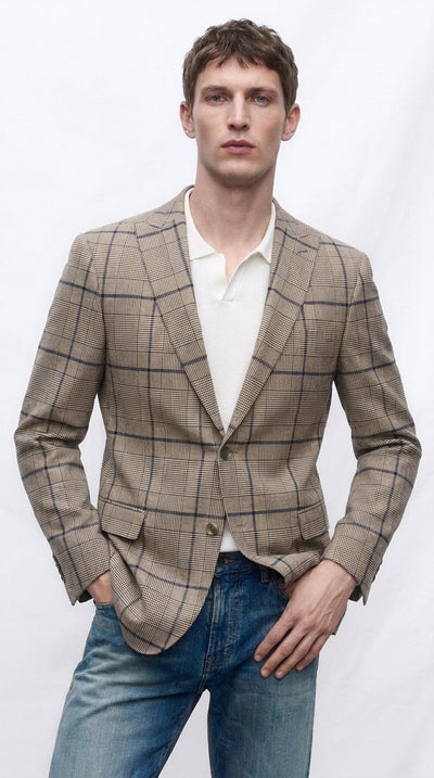 Men’s Tan Beige Peaky Blinders Glen Plaid Blazer English Style Textured Wool Winter Sport Coat Checkered Windowpane
