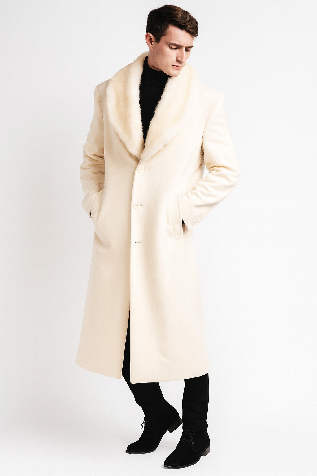 Men’s Ivory - Cream - Off White Full-Length Overcoat with Luxurious Faux Fur Shawl Collar – Winter Dress Coat - Coat Size 36