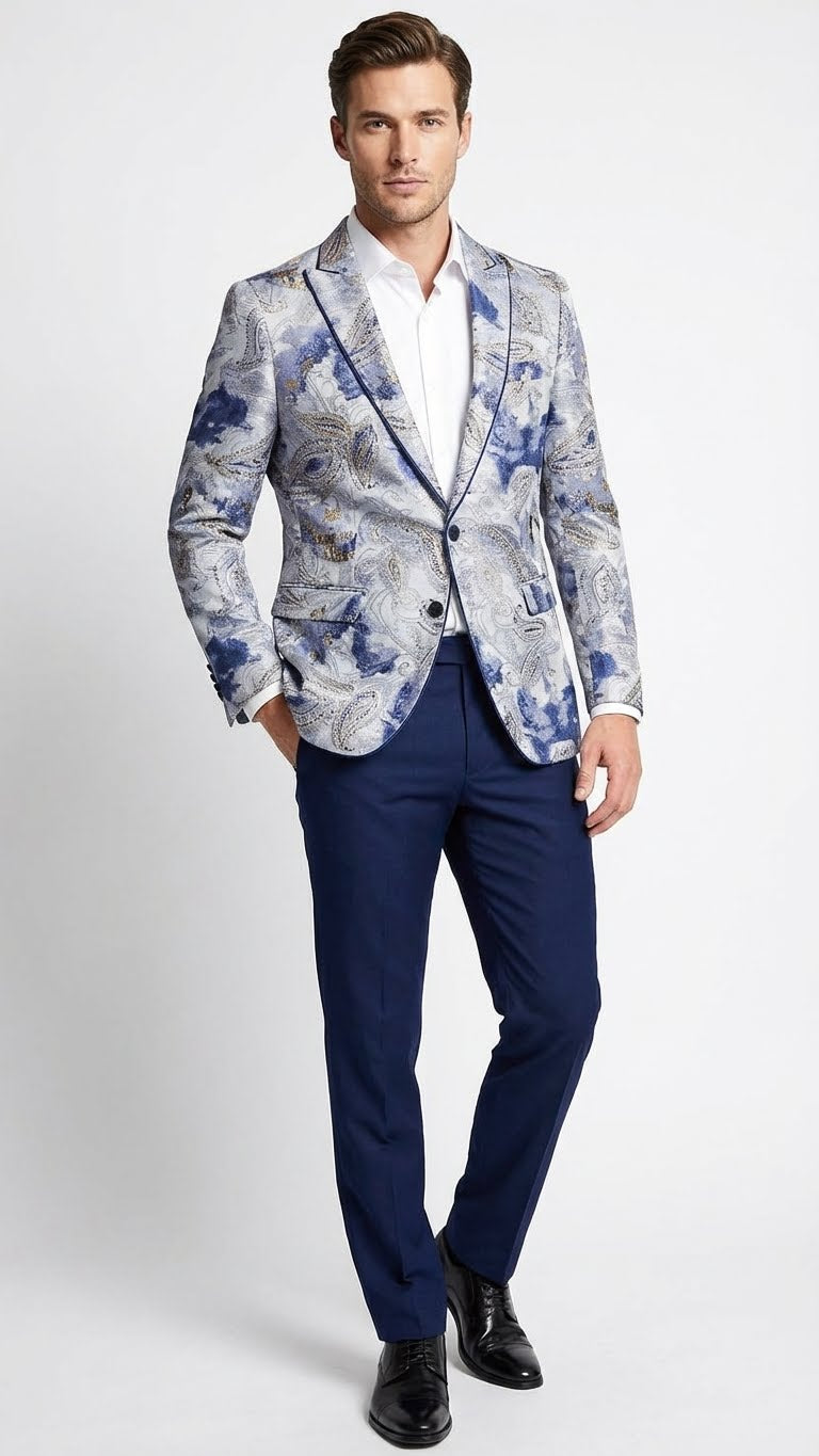 Menâ€™s Navy Blue and Gray Paisley Print Blazer â€“ Prom Jacket for Formal, Party, and Evening Wear - 36 Short