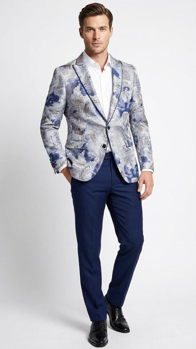 Mens Navy Blue and Gray Paisley Print Blazer Prom Jacket for Formal, Party, and Evening Wear