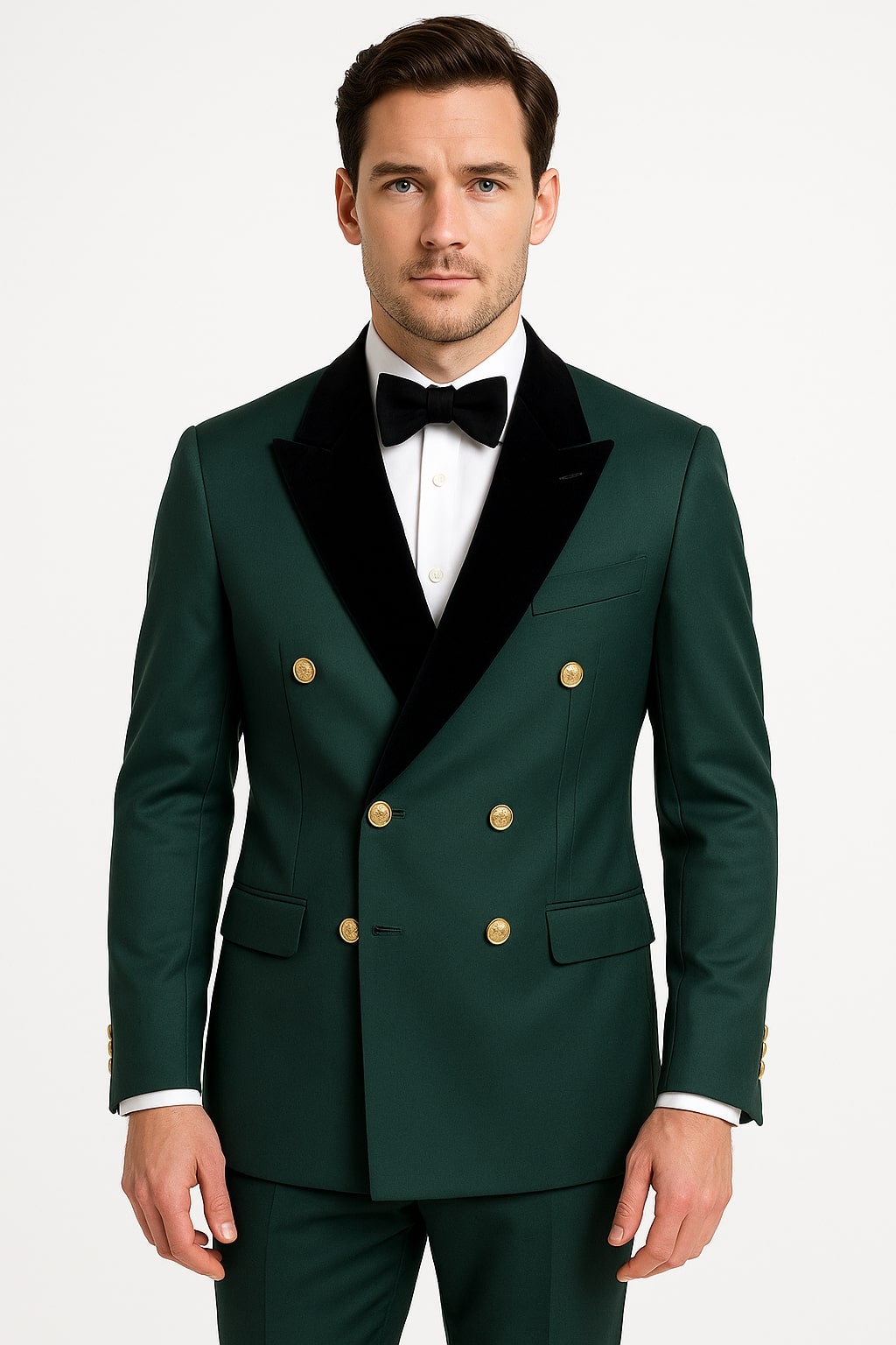 Men's Green Double-Breasted Wedding Tuxedo with Black Velvet Lapel and Gold Buttons - 34 Short or Extra Small