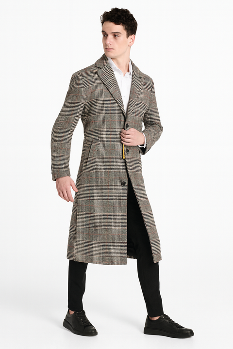 Men’s Full length  Long Plaid Overcoat – Classic Checkered Wool Blend Winter Coat in Gray Color Checkered