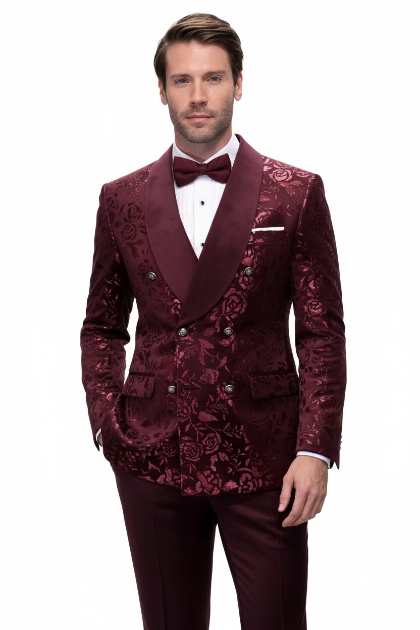 Mens Burgundy Floral Jacquard Tuxedo Dinner Jacket Paisley Velvet Lapel Formal Wear for Weddings and Prom - 34 Short or Extra Small