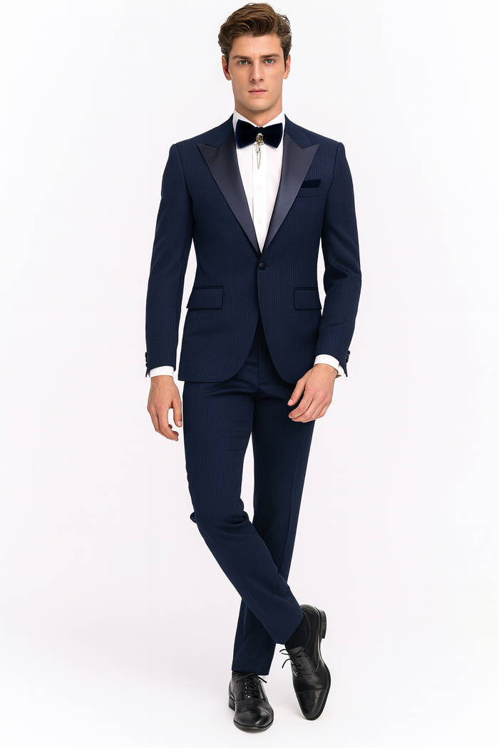 Mens Navy Blue Tuxedo with Satin Peak Lapel With Matching Color Lapel Sateen – Formal 2 Piece Suit