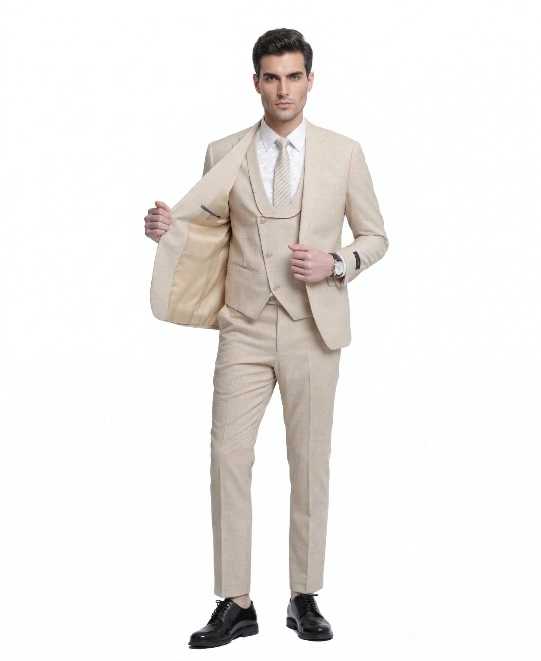 Mens Sand Beige 3 Piece Suit – Double breasted Vest Formal Suit Set  and Dress Pants in Champaign Natural Summer Color - 34 Short or Extra Small
