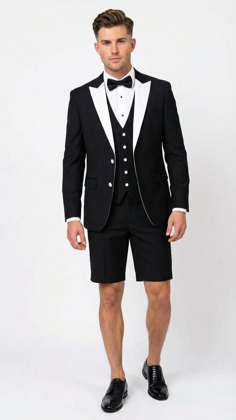 Menâ€™s Black and White Tuxedo Shorts Suit â€“ Modern Formal Tuxedo with Short Pants for Wedding, Party and Special Events - 34 Short or Extra Small
