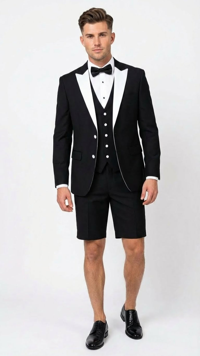 Mens Black and White Tuxedo Shorts Suit Modern Formal Tuxedo with Short Pants for Wedding, Party and Special Events