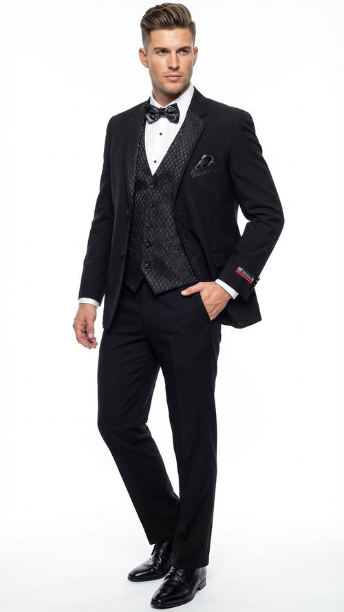 Men's Black Vested Tuxedo Suit with Patterned Lapel Classic Formal Suit for Wedding, Party and Evening Events