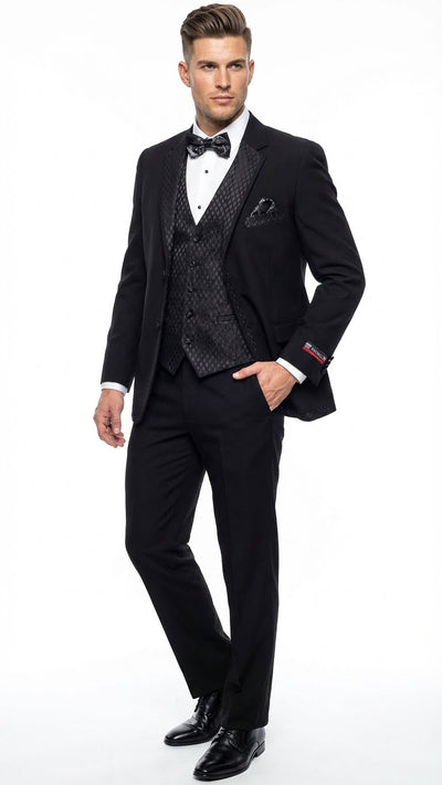 Men's Black Vested Tuxedo Suit with Patterned Lapel Classic Formal Suit for Wedding, Party and Evening Events
