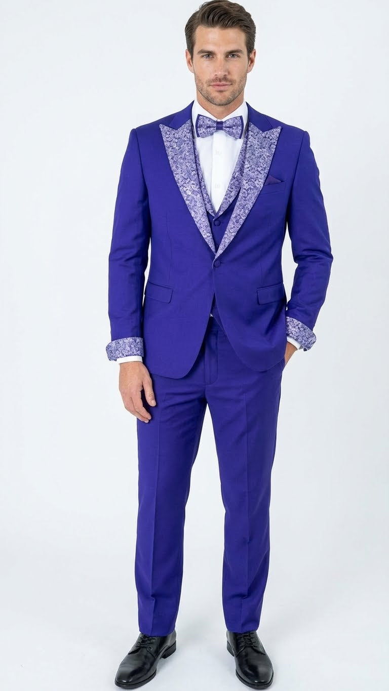 Men’s Purple and white sivler lapel  Embellished Tuxedo Suit –  Formal Wedding, Prom, and Gala Outfit Mardi Gras - 34 Short or Extra Small