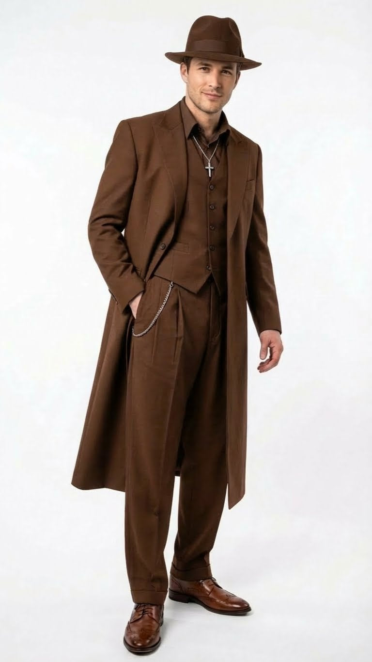Men’s Brown 1920s Zoot Suit – Long Gangster Mafia Zuit Vintage Three-Piece Costume Set Pachuco Style - 34 Short or Extra Small