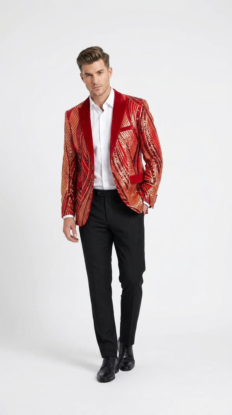 Men’s Red and Gold Sequin Christmas Holiday Blazer – Luxury Party Jacket for New Year, Wedding and Festive Events - 36 Short