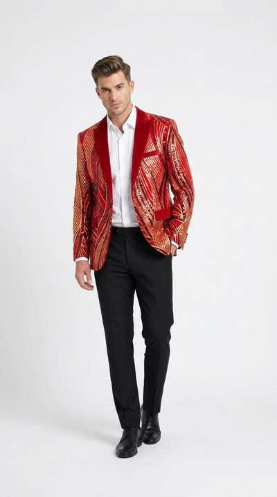 Men’s Red and Gold Sequin Christmas Holiday Blazer – Luxury Party Jacket for New Year, Wedding and Festive Events