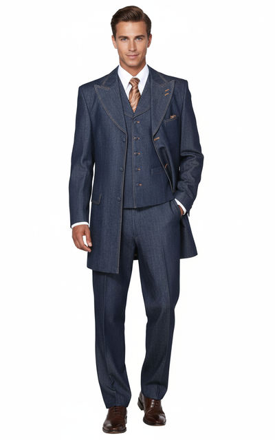 Mens Cotton Denim Three-Piece Suit Modern Blazer Denim Suit with Vest and Trousers Pleated Pants Classic Fit