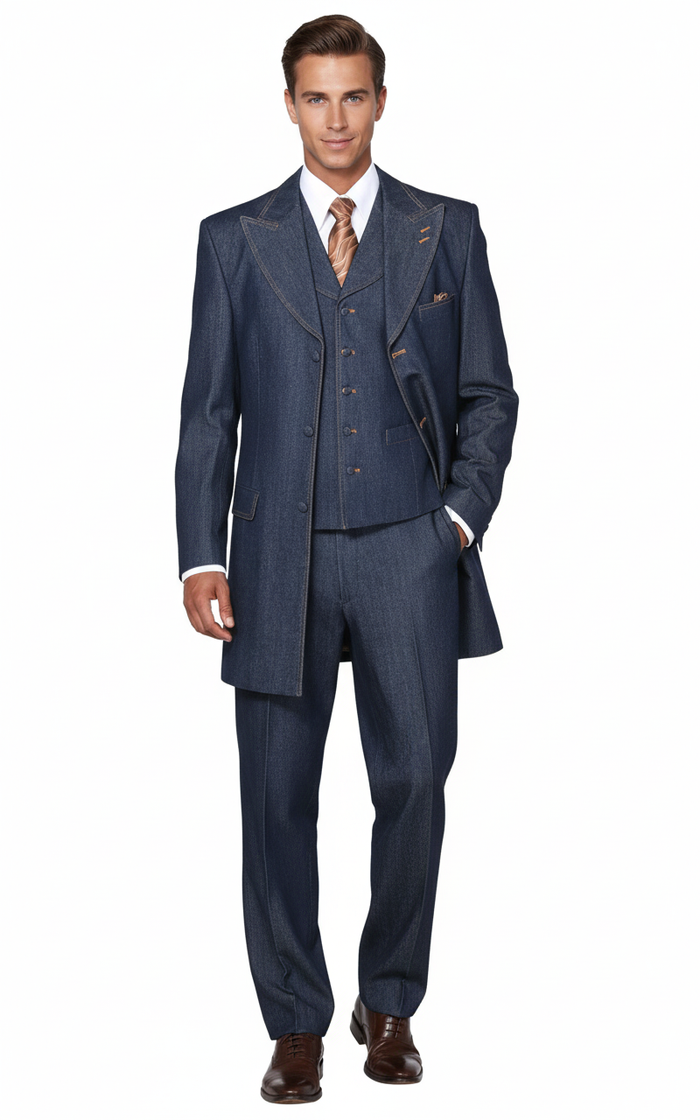 Mens Cotton Denim Three-Piece Suit Modern Blazer Denim Suit with Vest and Trousers Pleated Pants Classic Fit