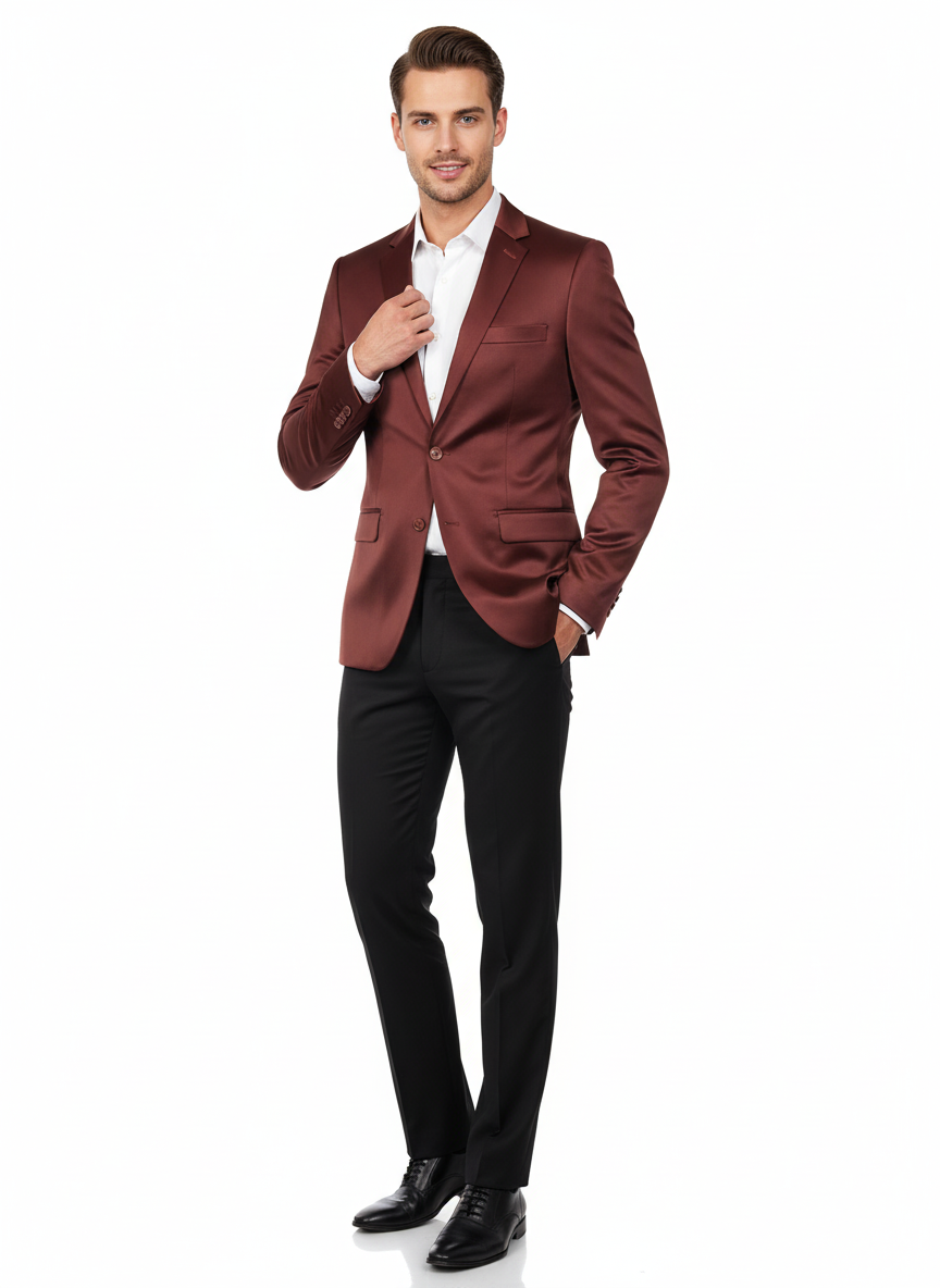 Men’s Slim Fit Maroon Satin Blazer – Elegant Two-Button Formal Suit Jacket for Weddings, in Maroon Wine Color - Maroon