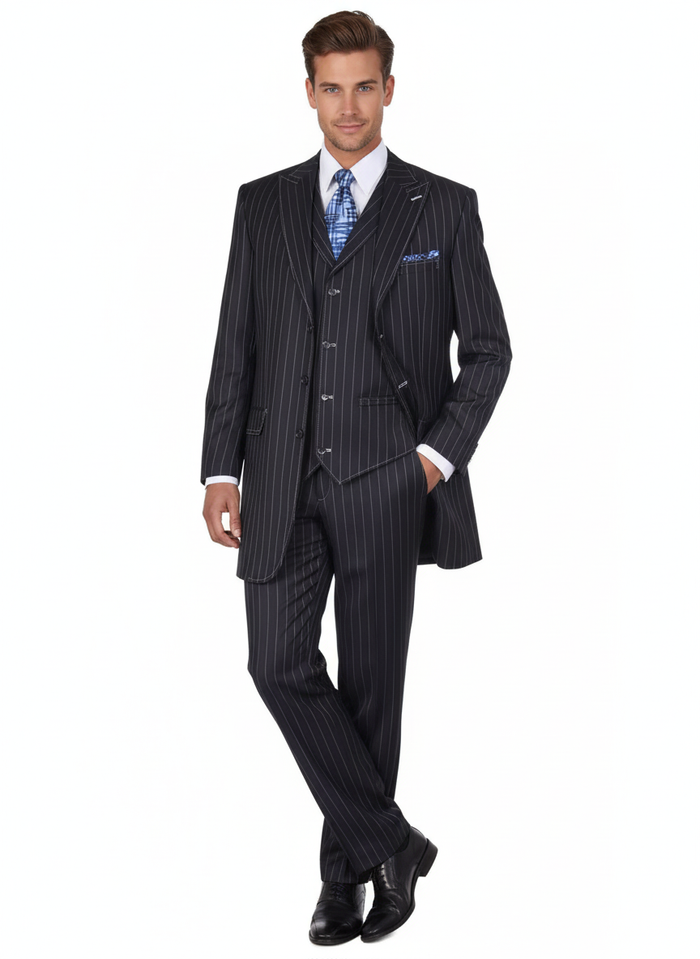 Men's Three Button Suits -  Navy Blue Pinstripe Three-Piece Suit Classic Business and Formal Wear with Tailored Fit