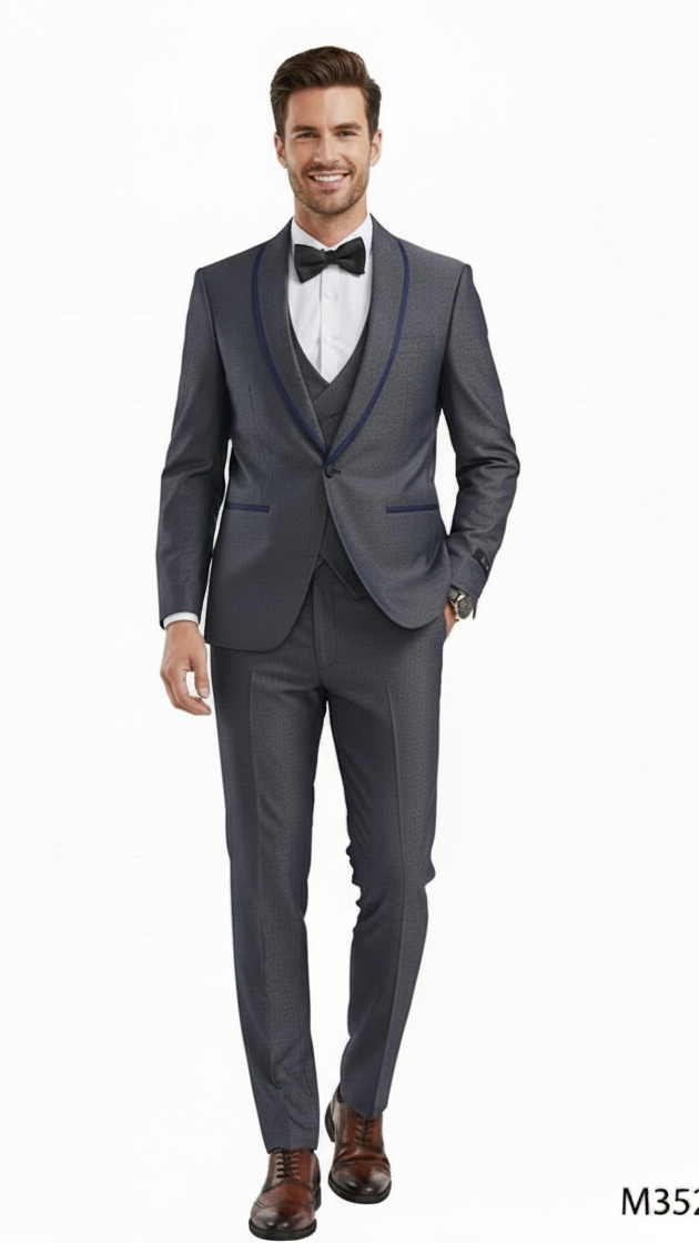 Mens Charcoal Gray with blue Trim Slim Fit 3-Piece Suit Modern Wedding and Business Formal Tuxedo Set